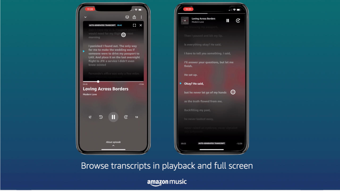 Amazon Music synchronized podcast transcripts let you skip boring parts