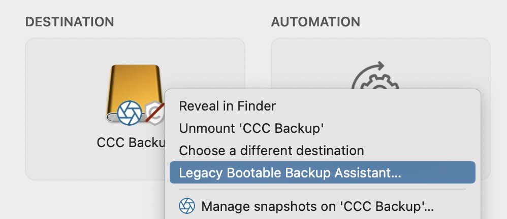 Click on the destination selector to access the Legacy Bootable Backup Assistant