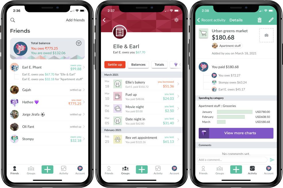 Screencaps of Splitwise app