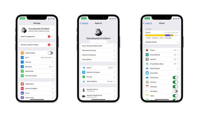 iCloud menu on an iPhone