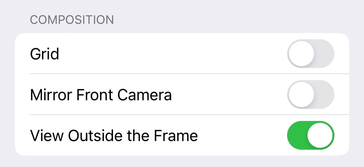 iPhone camera settings menu: Grid and Mirror Front Camera.