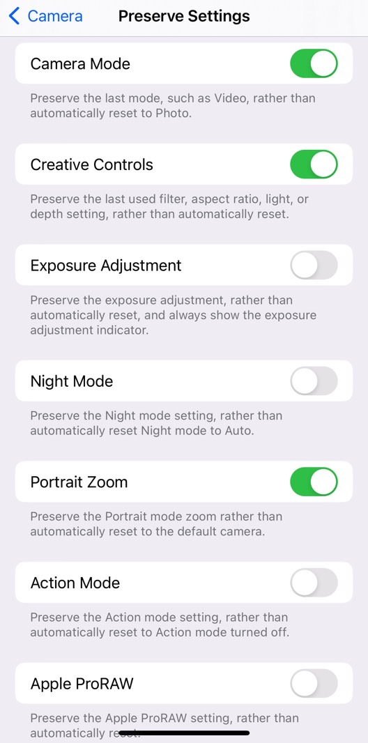 The iPhone camera settings that you can preserve.