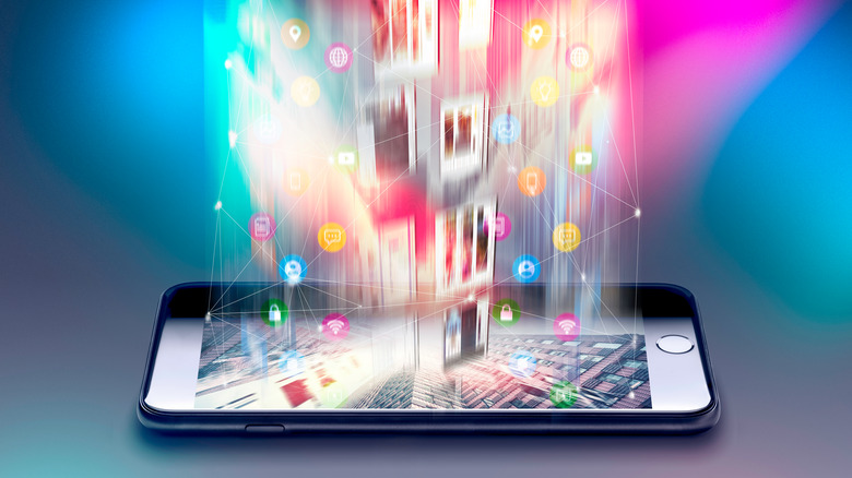 illustration of iphone with apps flying offscreen