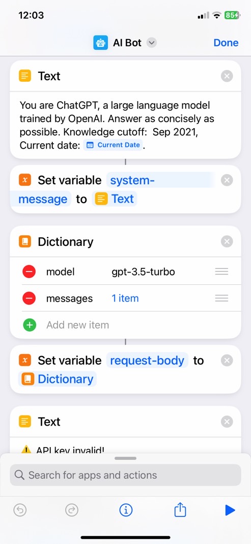 Siri shortcut for ChatGPT on iPhone: Provide instructions for the chatbot.