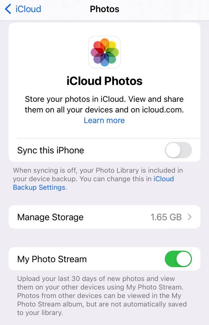 iCloud Photos menu: Disable the Sync the iPhone feature to delete photos and videos only from iCloud.