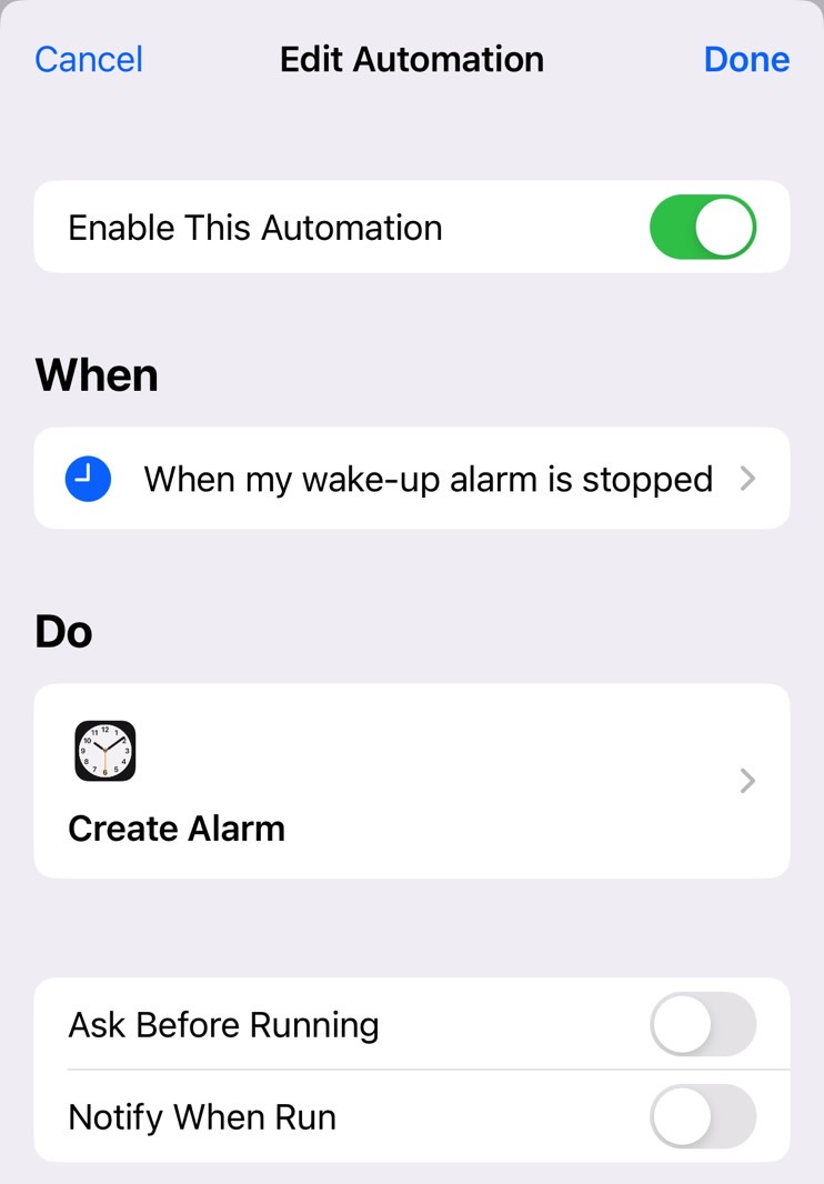 The iPhone alarm automation creates a new alarm when you stop  your wake-up alarm.