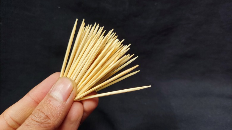 person holding many toothpicks