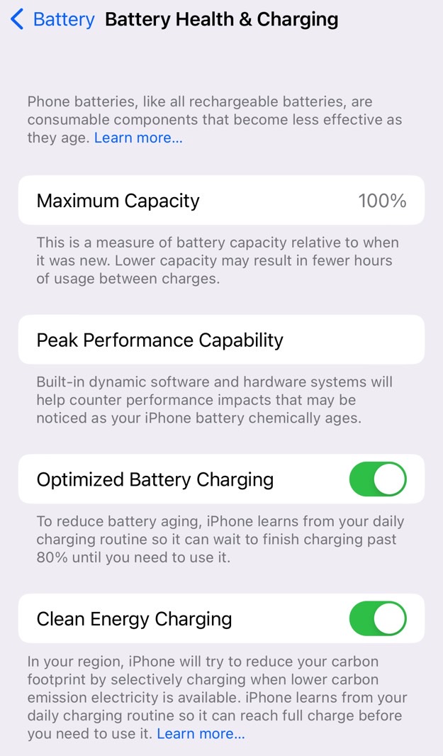 Enable Optimized Battery Charging on iPhone.