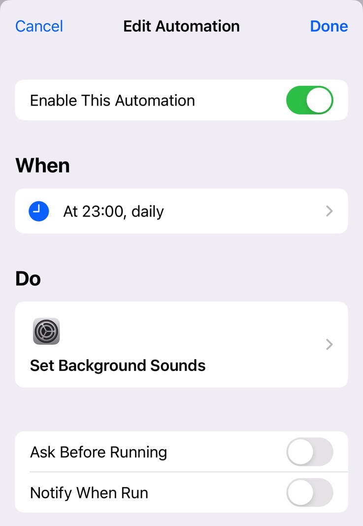 Shortcut to turn off white noise on iPhone at a certain time during the night.