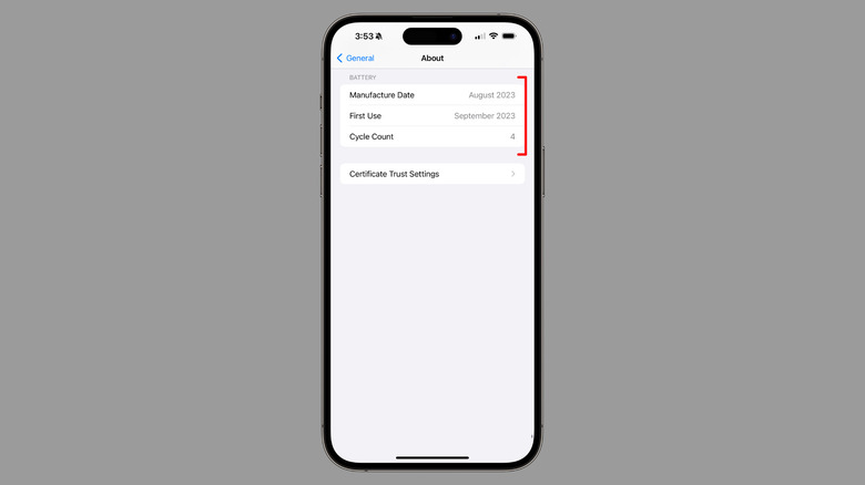 Battery cycle count on the iPhone 15