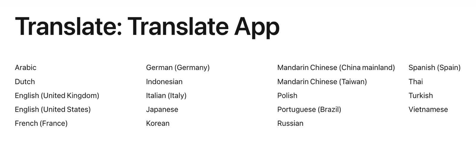 The list of languages that the Translate app currently supports on iPhone and iPad.