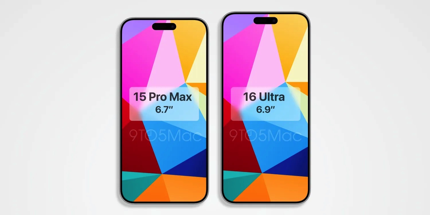 Renders based on leaked iPhone 15 Pro Max and iPhone 16 Pro Max (Ultra) designs.