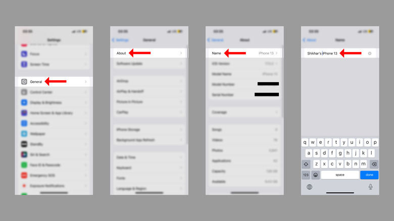 Screenshots showcasing the steps to change iPhone's name