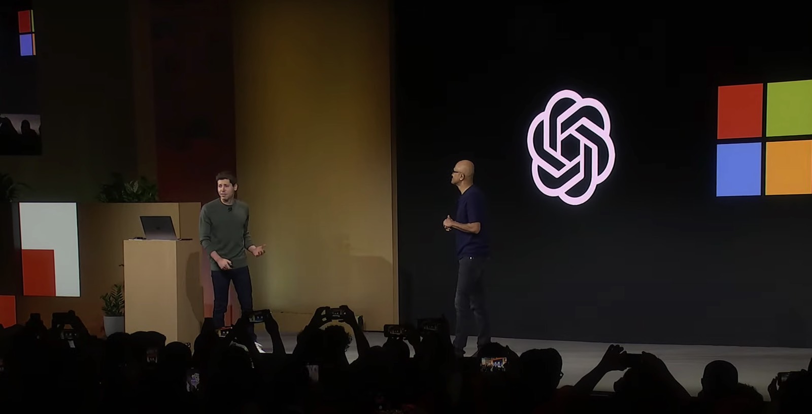 OpenAI CEO Sam Altman interviewing Microsoft CEO Satya Nadella.