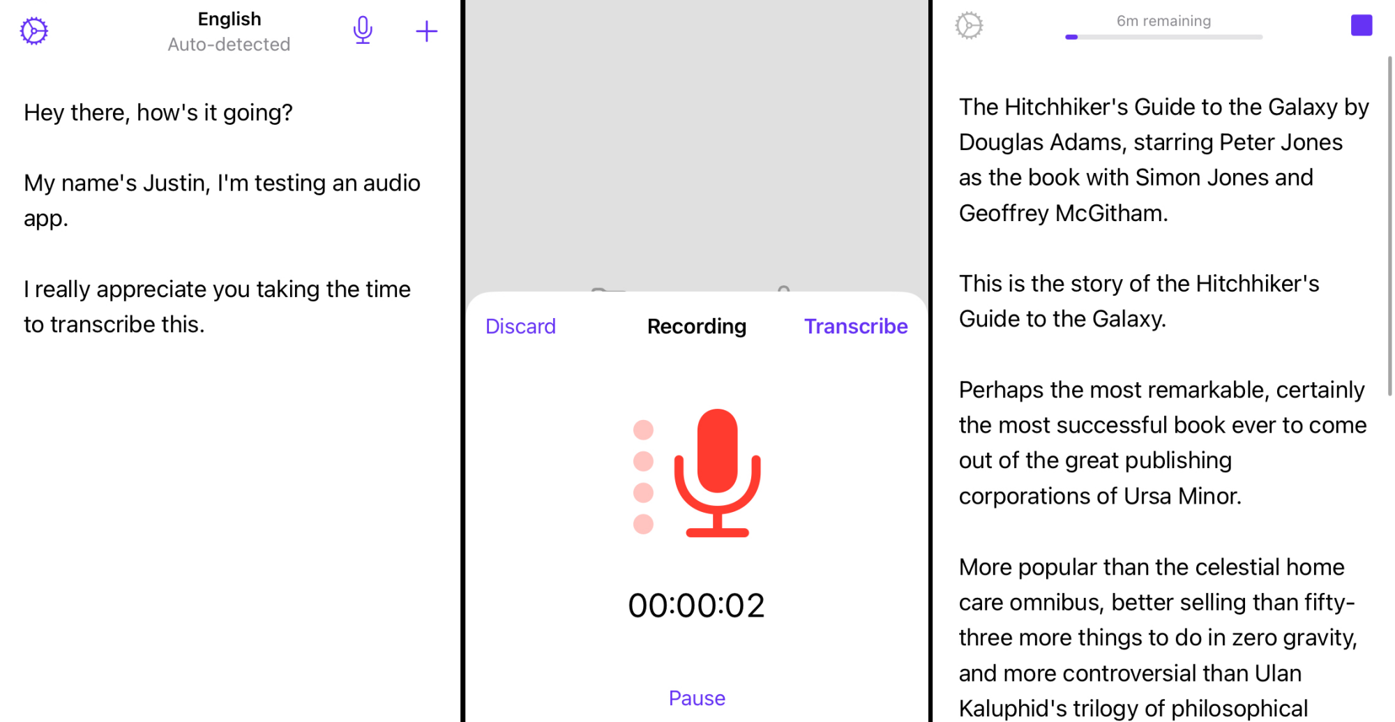 Three screenshots from the iPhone version of Aiko. The left shows a quick transcription; the center, the recording feature, which isn't much more than a microphone icon; the third, a transcription of the first episode of the classic Douglas Adams radio play 