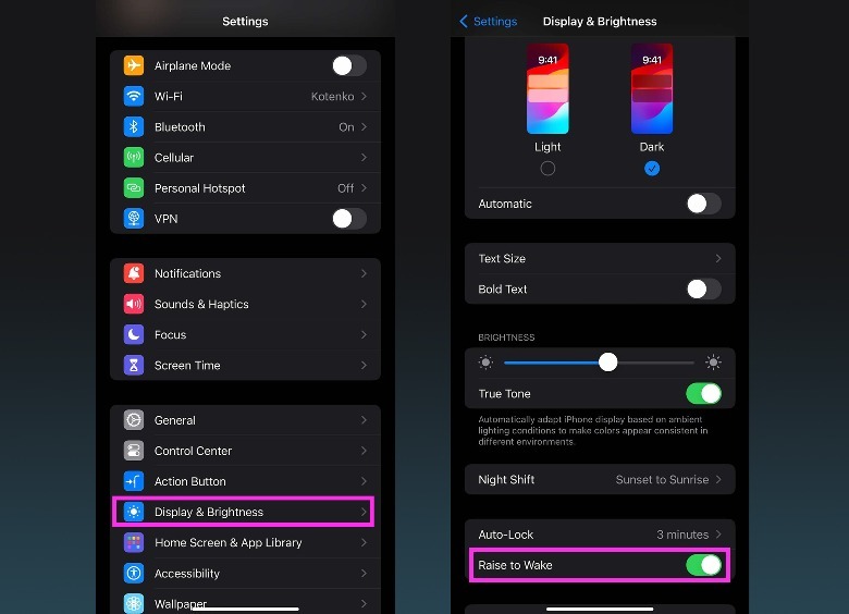 iphone settings raise to wake