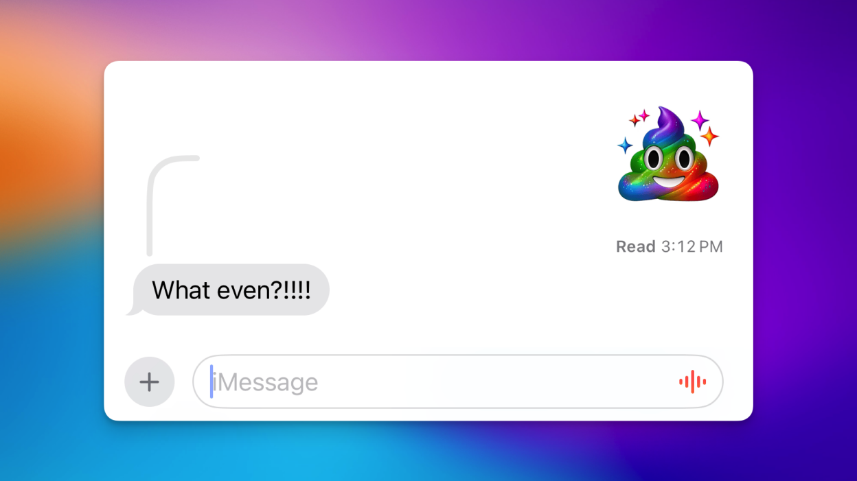 Showing a rainbow poop emoji generated using Apple's Genmoji feature.