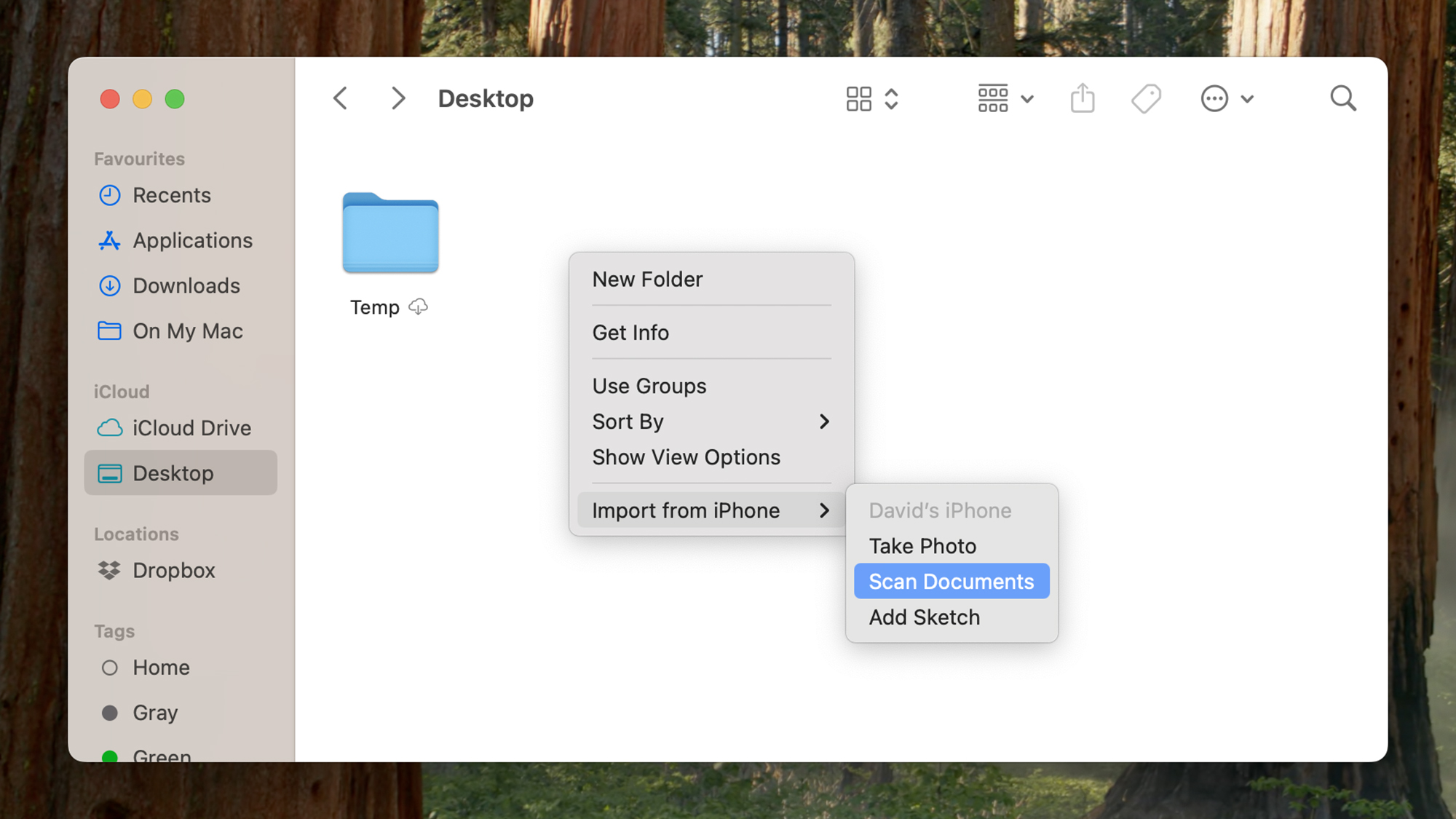 Screenshot of a mac showing a dropdown menu in Finder ending in a highlighted options Scan Documents.
