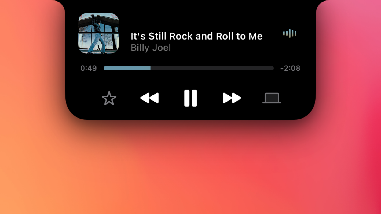 Music playback controls in a notch app on a Mac.