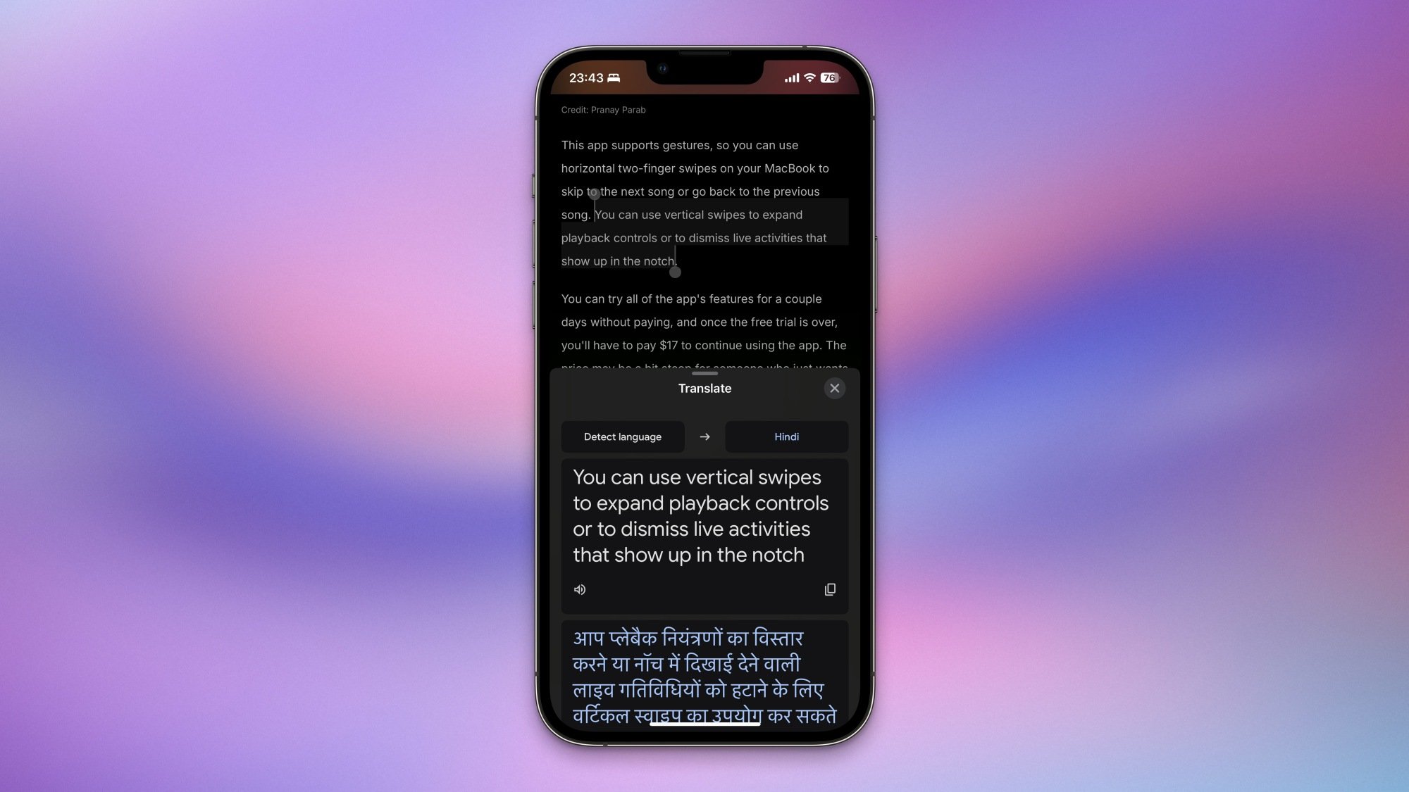 Google Translate pops up in Safari on an iPhone.
