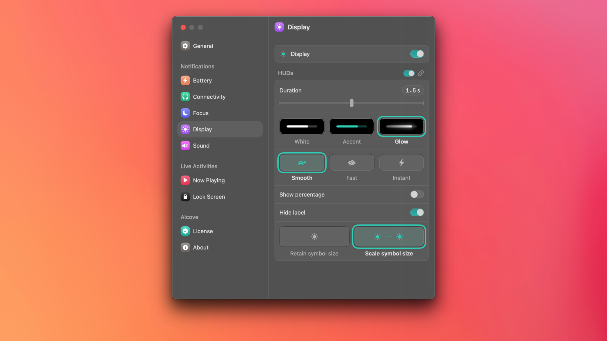 Alcove's settings window.