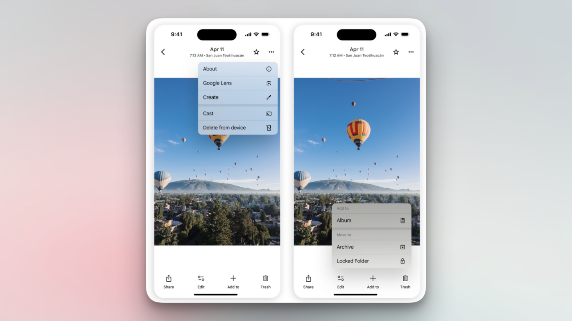 The streamlined actions menu in Google Photos for iPhone.