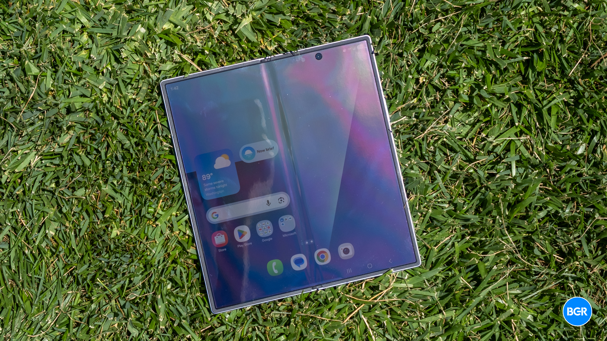 Samsung Galaxy Z Fold 7 unfolded in grass