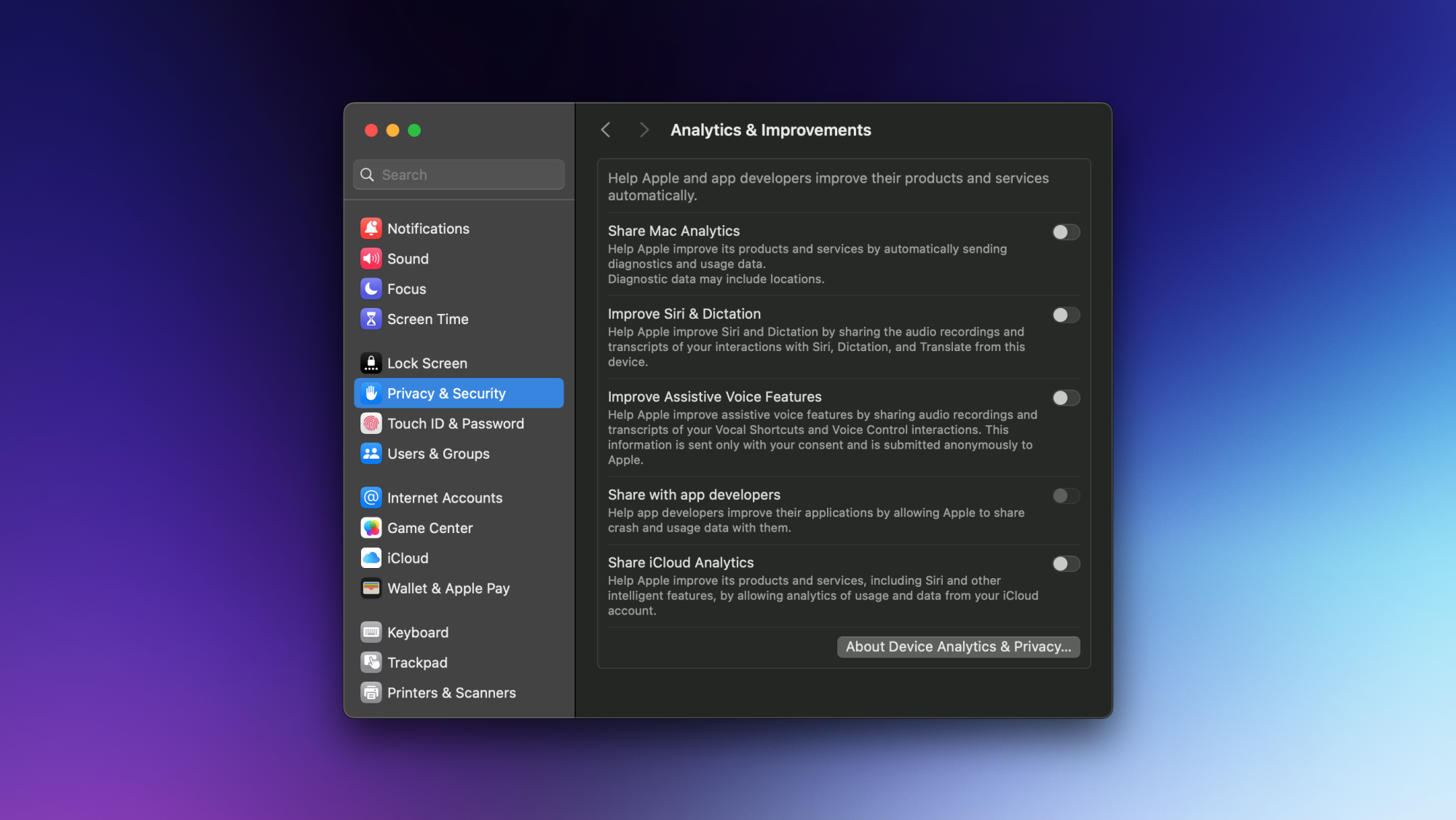 Blocking Apple analytics data collection on a Mac.