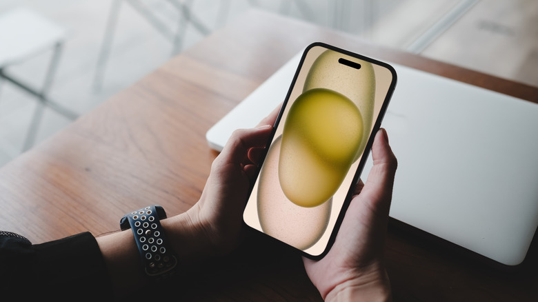 A person holding an iPhone 15 at a retail store.