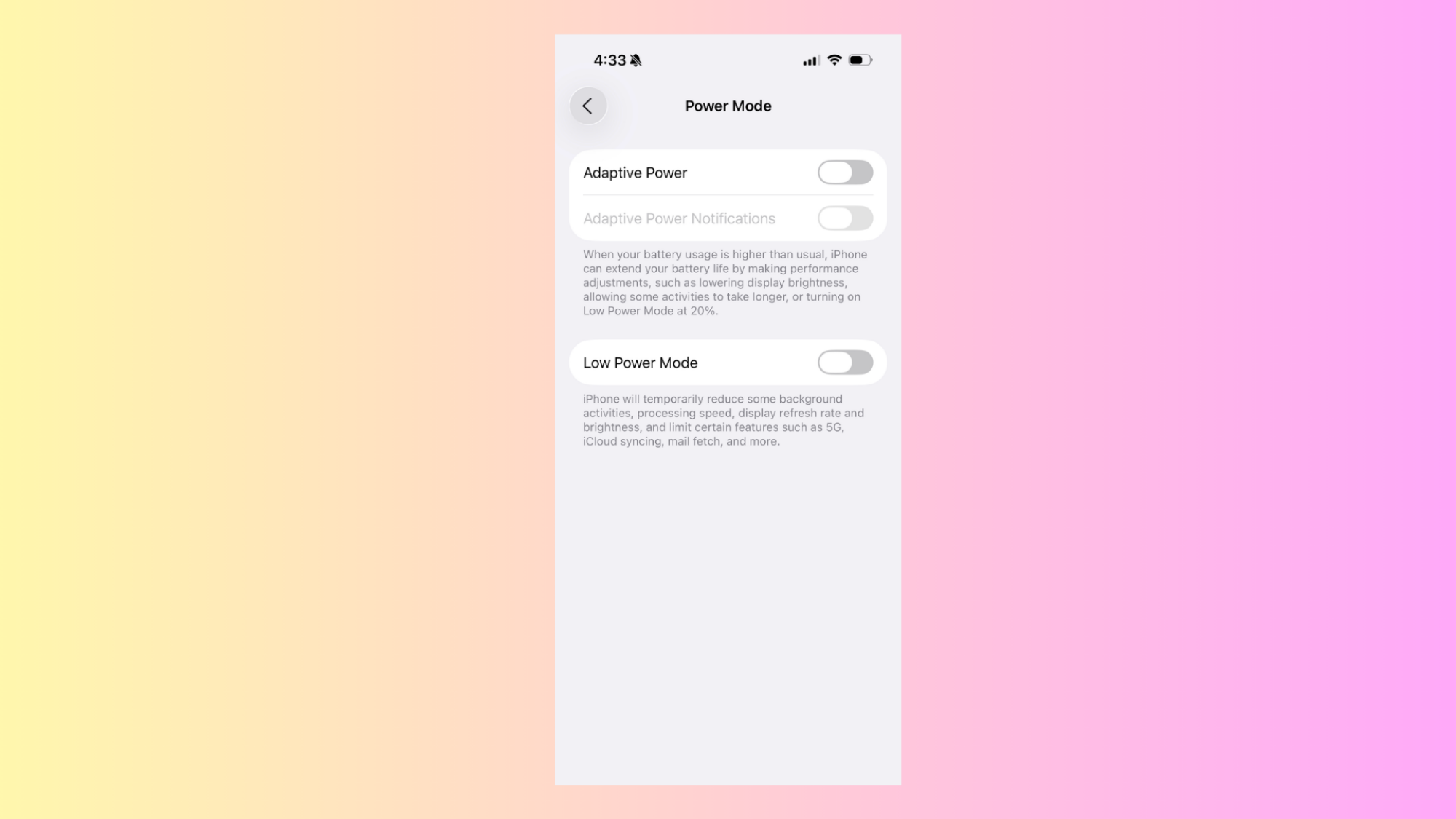 Low Power and Adaptive Power Mode iOS 26