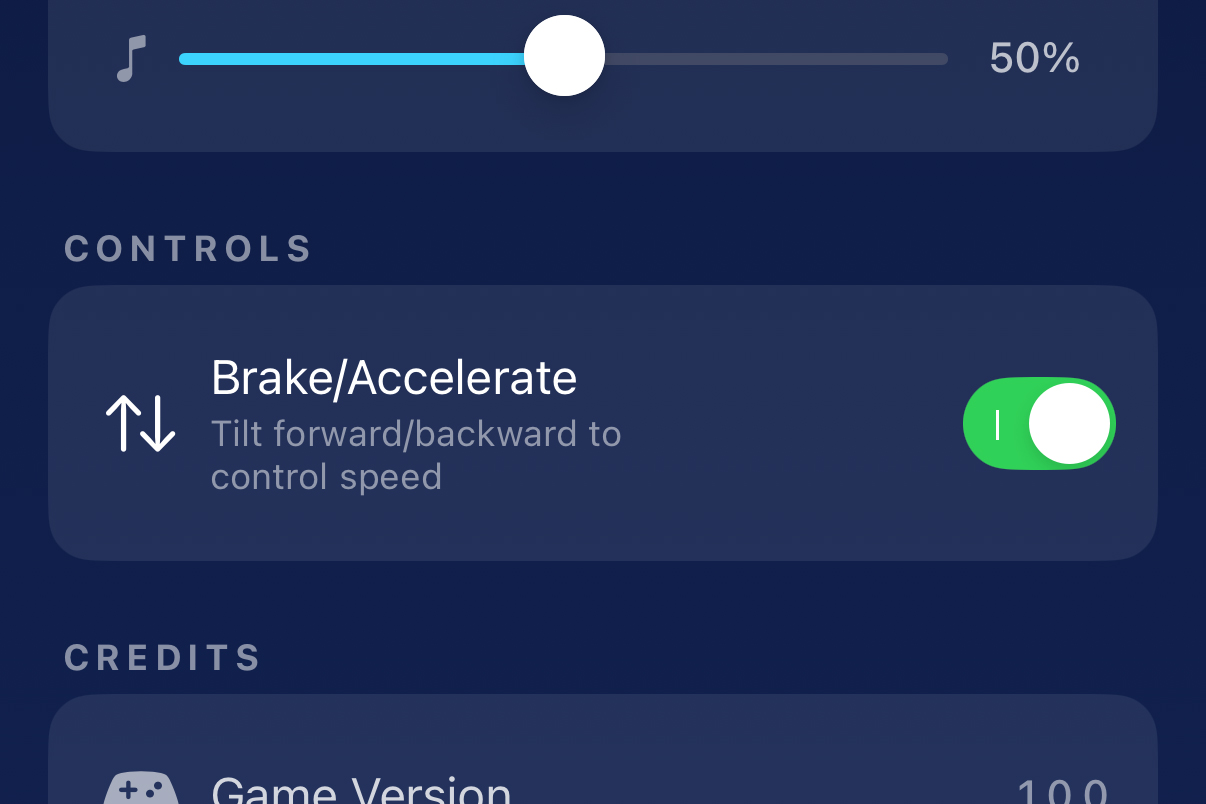 A screenshot of the settings section of the RidePods iOS game.