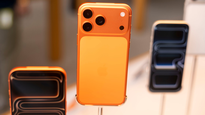 The iPhone 17 Pro phones on display.