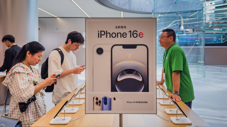 iPhone 16e on display
