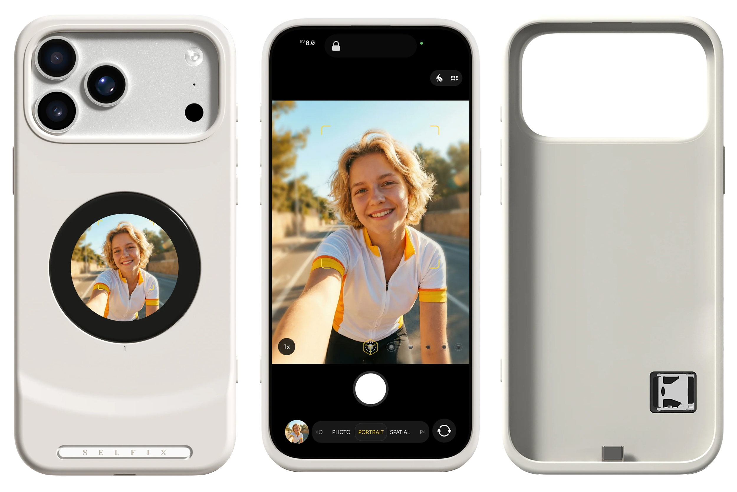 Several images showing an iPhone 17 Pro in the Selfix case and the case on its own.