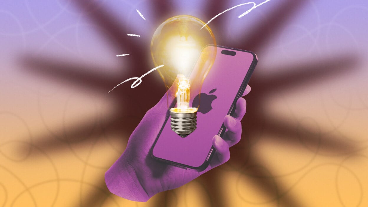 An illustration of a hand holding an iPhone with an image of a lightbulb superimposed over it
