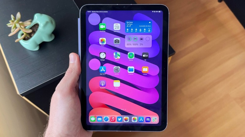 A hand holding an iPad mini 6