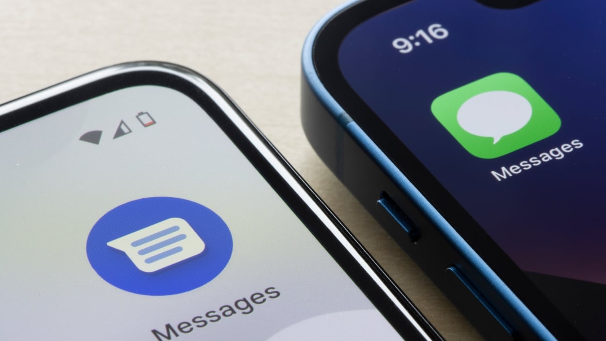 an android with google messages next to an iPhone with Messages