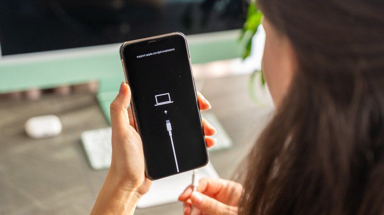 An iPhone showing an image of a cable pointing at a laptop, a woman is holding the phone