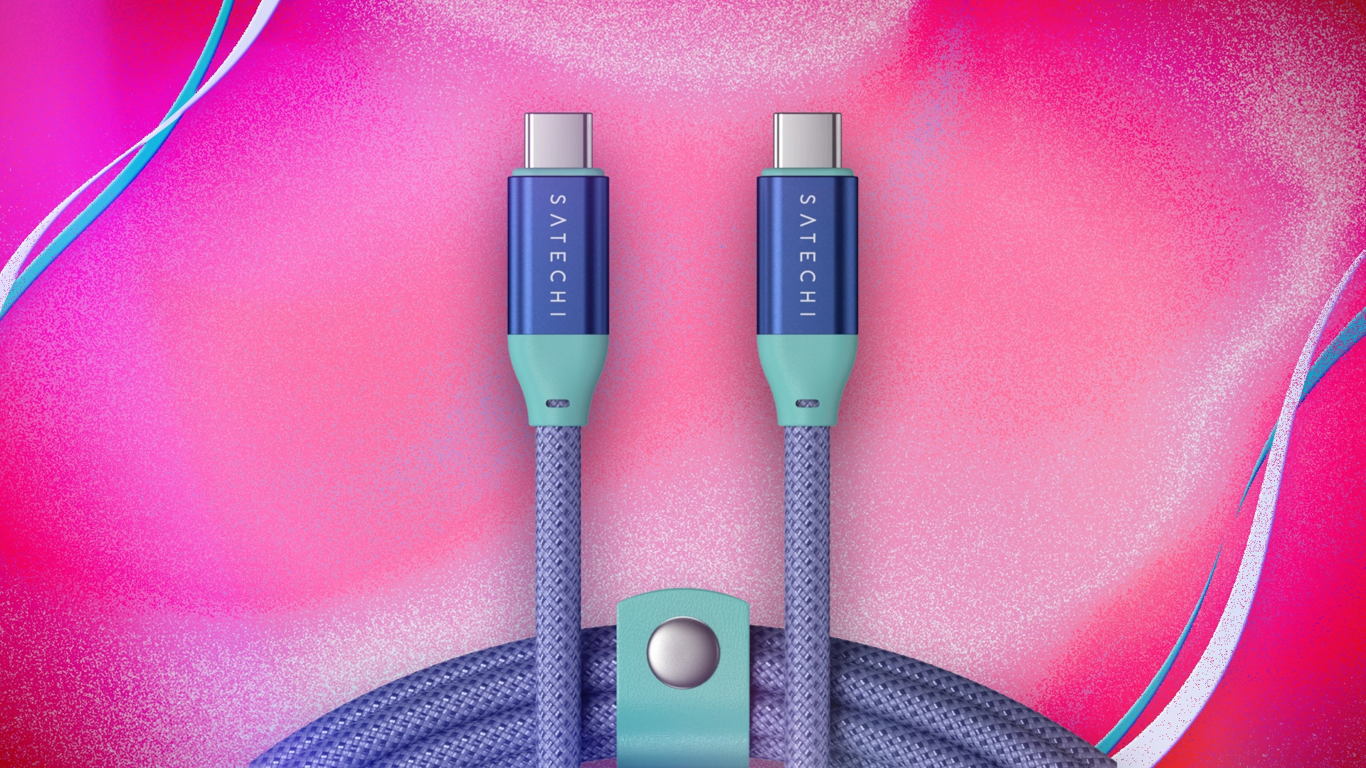 Satechi purple USB-C cable on a pink background