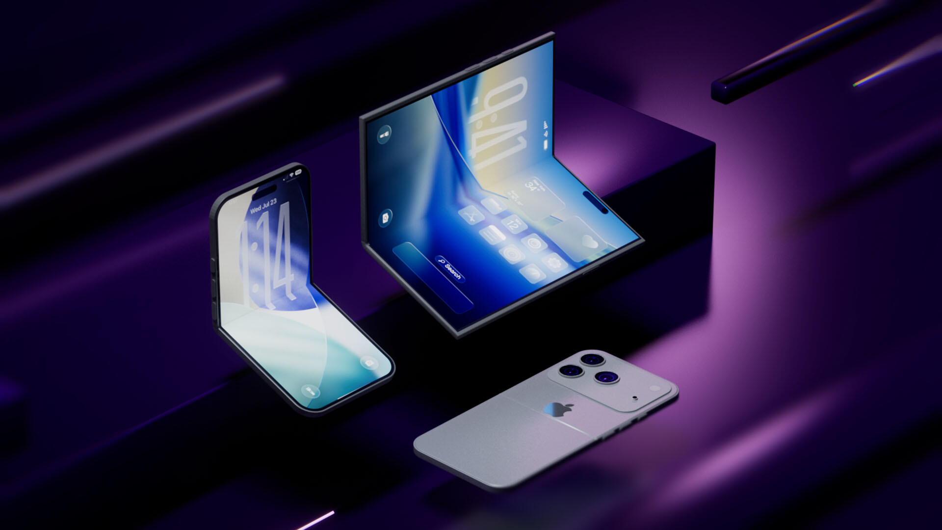 Two mock-up variations of folding iPhones, one horizontally and one vertically, are next to a standard iPhone.
