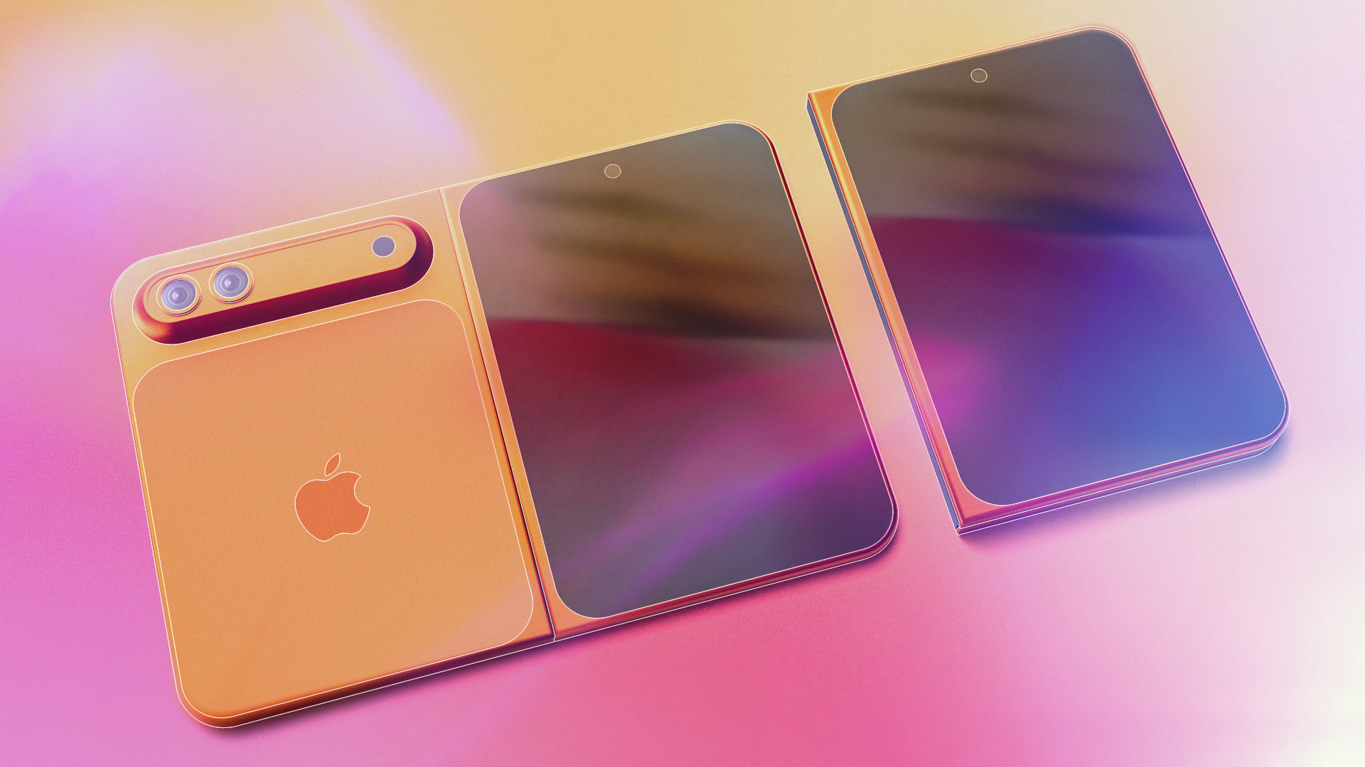 render of rumored iPhone Fold on a pink and yellow background