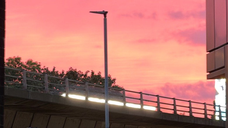 Light trail photos against a pink sunset sky