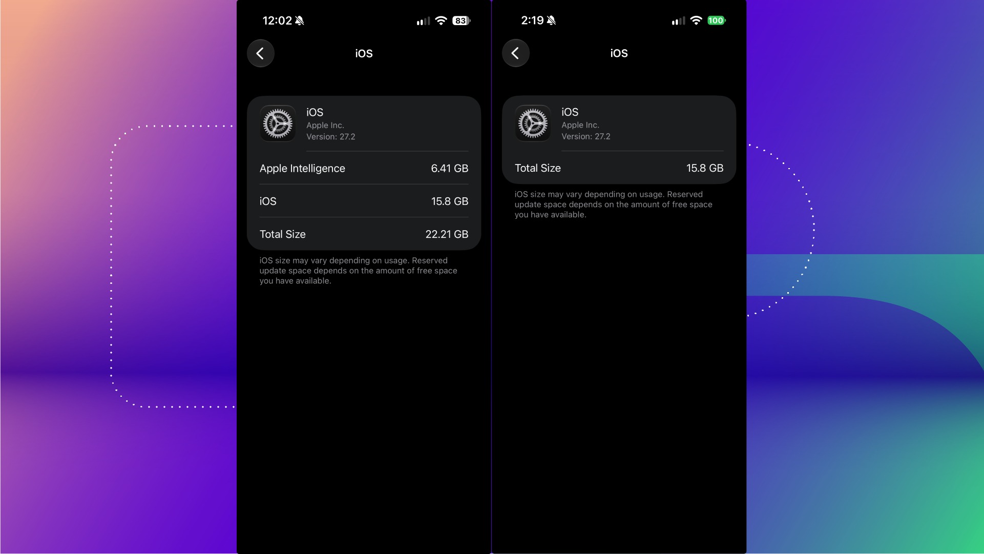 The Storage page in iOS 27 after disabling Apple Intelligence.