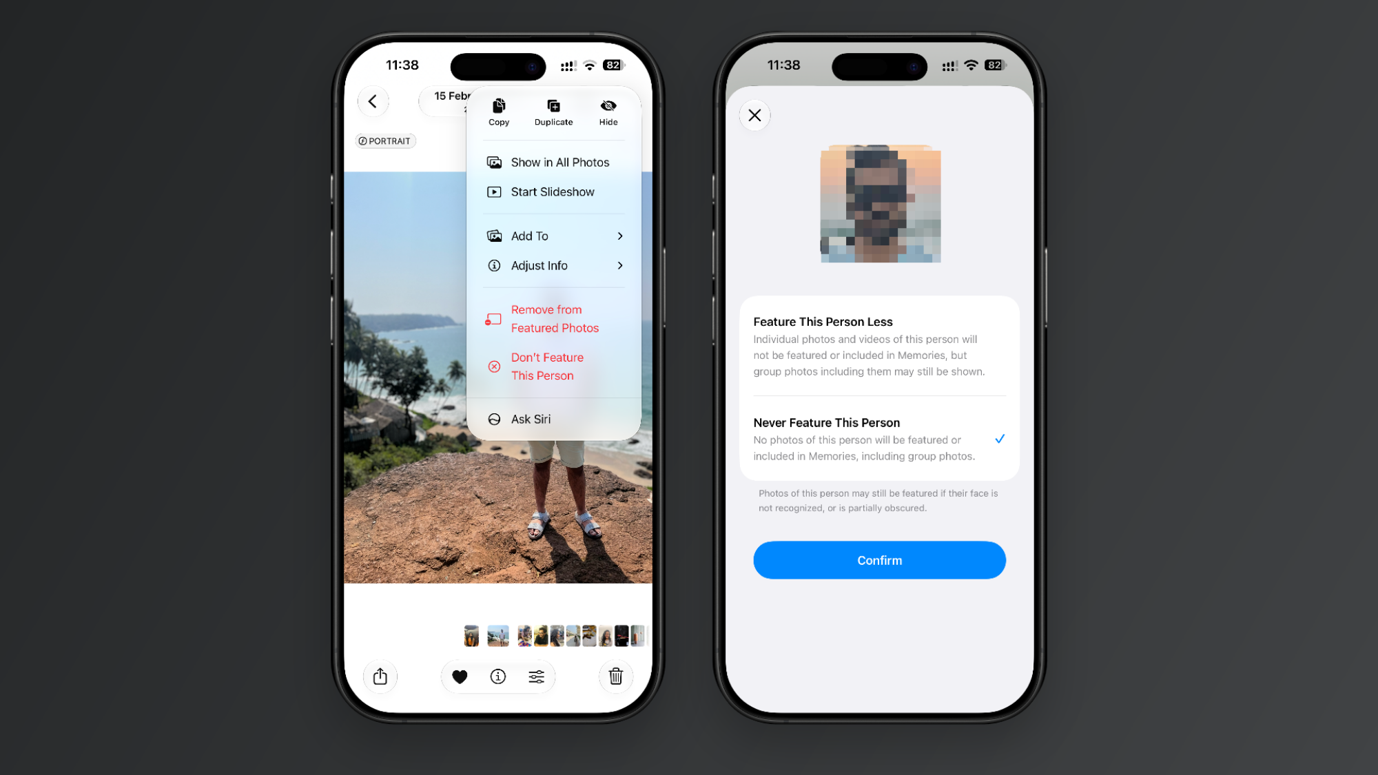 Remove person from memories and suggestions in Apple Photos.
