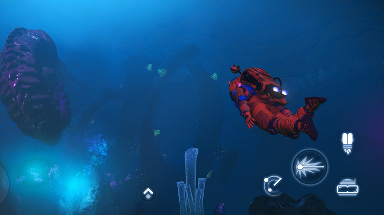 Video game screenshot of a figure swimming underwater. Touch controls are overlaid.